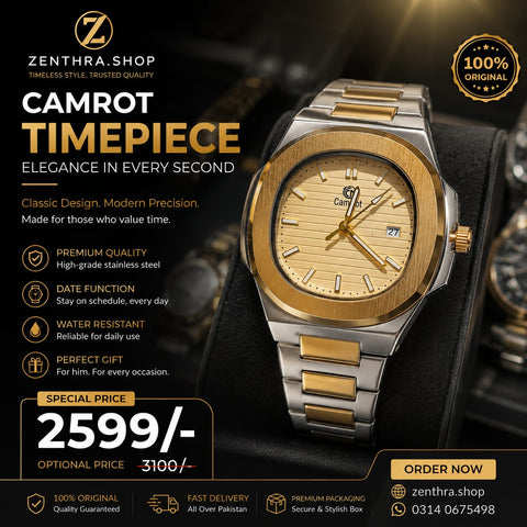Camrot Timepiece Watch for Men – Luxury Stainless Steel Gold Watch Pakistan