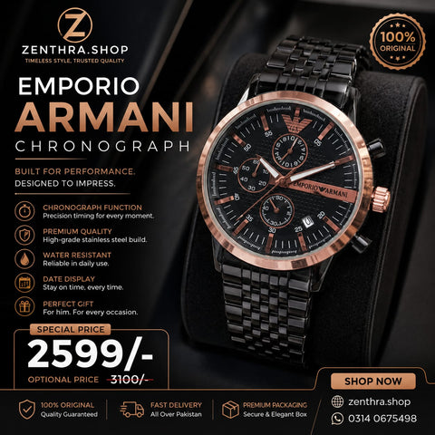 Emporio Armani Chronograph Watch for Men – Luxury Black Stainless Steel Designer Watch Pakistan
