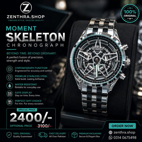 Moment Skeleton Chronograph Watch for Men – Luxury Stainless Steel Automatic Style Watch Pakistan
