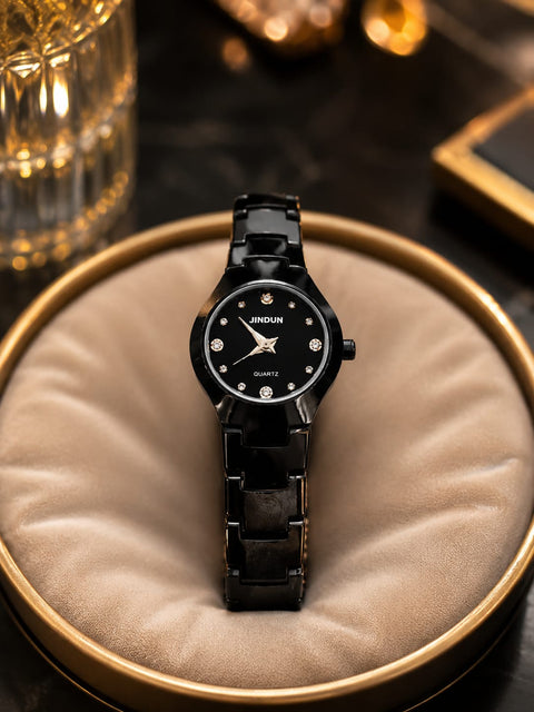 JINDUN Elegant Black Crystal Quartz Watch