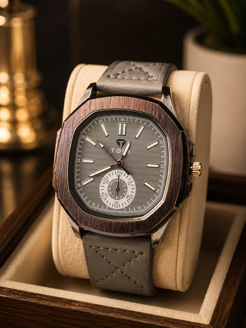 TOFI Premium Grey Dial Quartz Watch – Wood Finish Bezel & Leather Strap