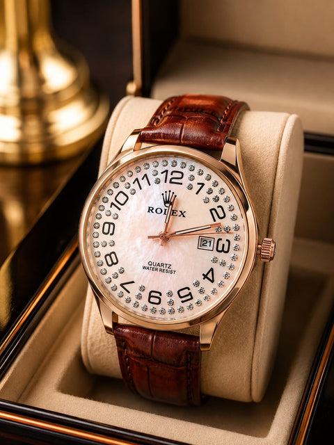 ROLEX Classic Rose Gold Quartz Watch – Diamond Dial & Leather Strap