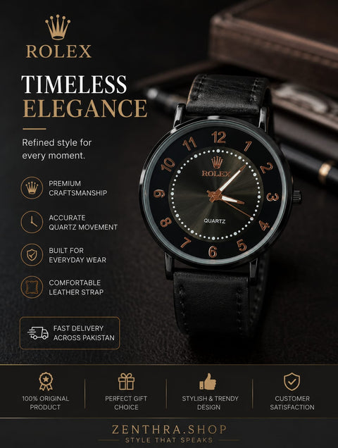 Luxury Minimalist Brown & Black Rolex Watch for Men & Women – Elegant Leather Strap Wrist Watch | Premium Everyday Style