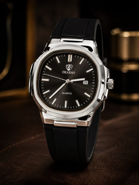 Dearno Quartz Date Watch for Men – Elegant Black Dial, Water Resistant, Premium Silicone Strap | Zenthra