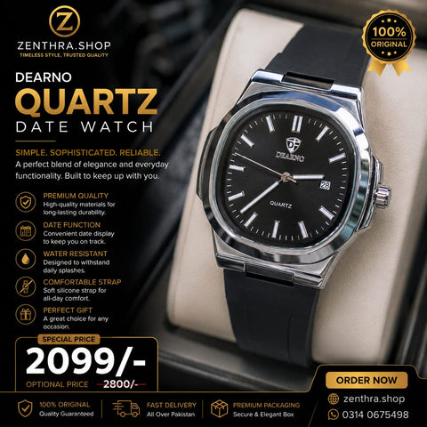 Dearno Quartz Date Watch for Men – Elegant Black Dial, Water Resistant, Premium Silicone Strap | Zenthra