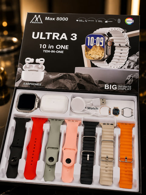 Luxury Smartwatch Ultra 3 with Earbuds – 10-in-1 AMOLED Display Fitness Watch | Premium Everyday Style