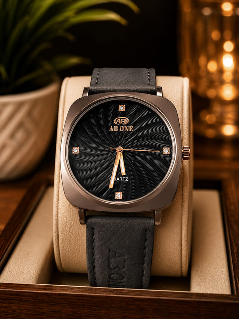 AB ONE Black Luxury Quartz Watch – Textured Dial & Leather Strap